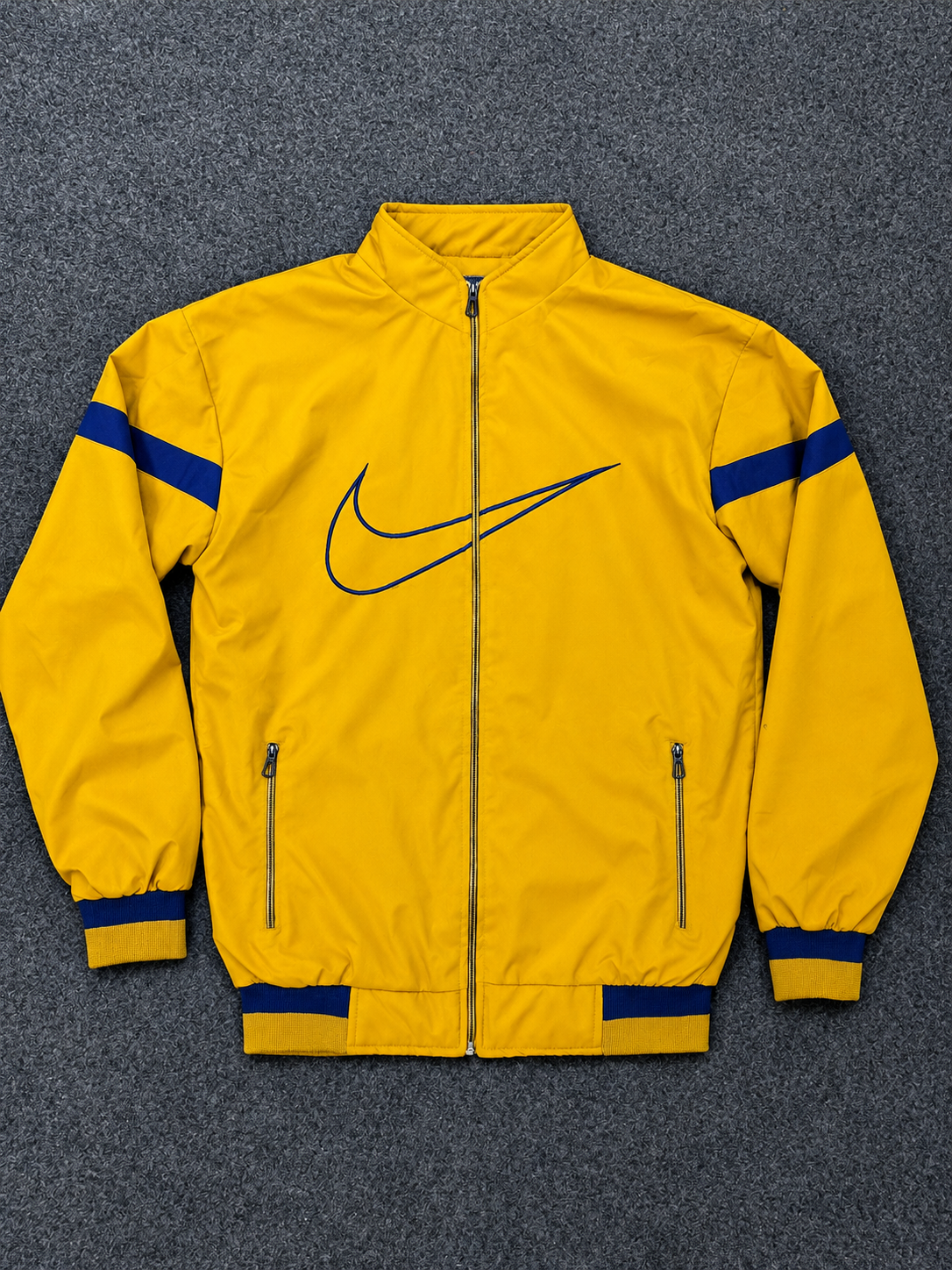 Vintage 90s Mustard Yellow & Navy Blue Windbreaker Jacket – Retro Full-Zip Streetwear