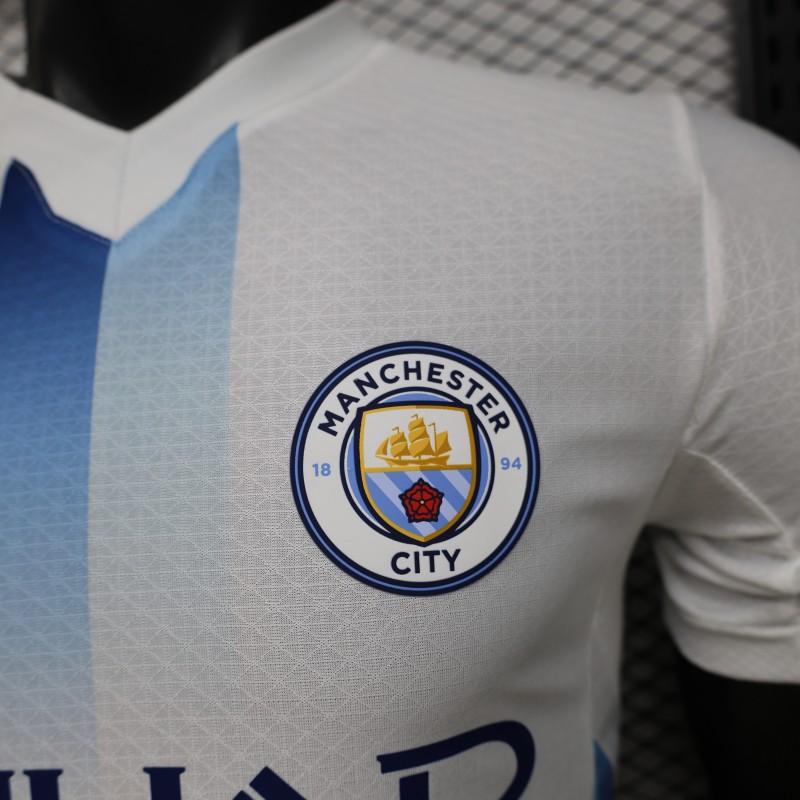MANCHESTER CITY AWAY 26/27 WHITE WITH BLUE STRIPE PLAYER VERSION JERSEY WITH LOGO | PREMIUM FOOTBALL JERSEY