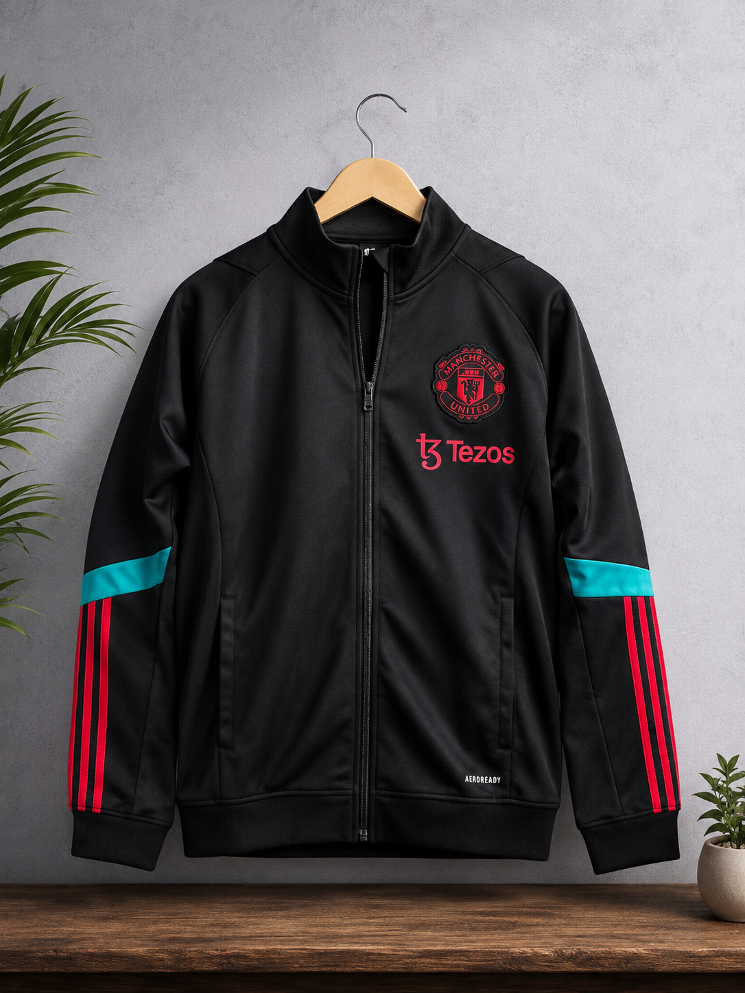 MANCHESTER UNITED BLACK TRACK JACKET | RED & TEAL STRIPED SPORTS JACKET
