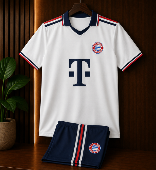 BAYERN MUNICH AWAY 26/27 JERSEY WITH SHORTS KIT SET WITH LOGO | PREMIUM FOOTBALL KIT
