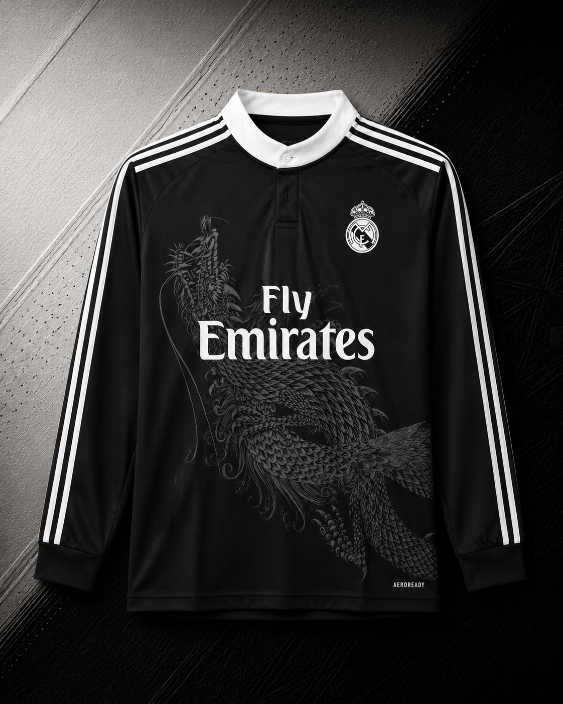 REAL MADRID RETRO BLACK DRAGON EDITION LONG SLEEVE JERSEY WITH LOGO | PREMIUM RETRO FOOTBALL JERSEY