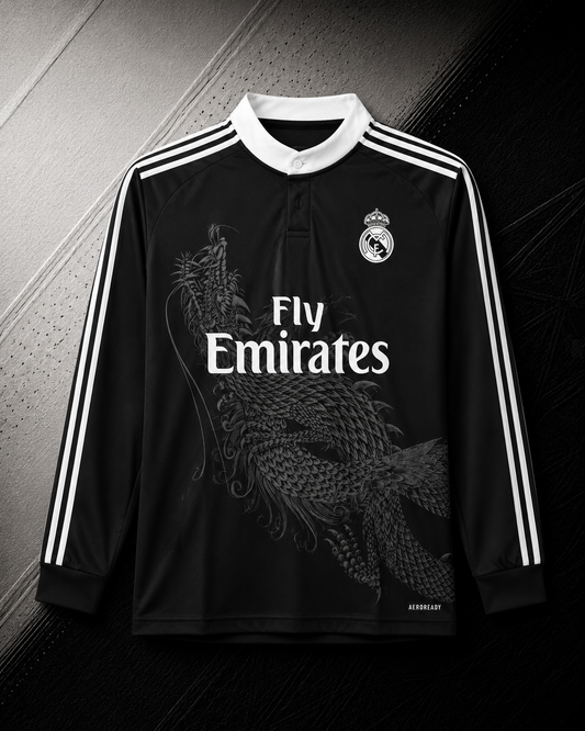 REAL MADRID RETRO BLACK DRAGON EDITION LONG SLEEVE JERSEY WITH LOGO | PREMIUM RETRO FOOTBALL JERSEY