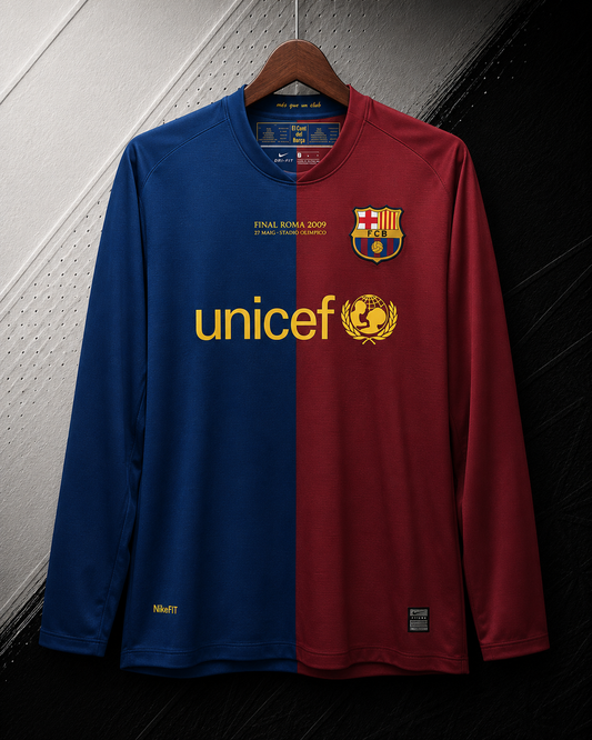 FC BARCELONA RETRO 2008/09 UEFA CHAMPIONS LEAGUE FINAL LONG SLEEVE JERSEY WITH LOGO | PREMIUM RETRO FOOTBALL JERSEY