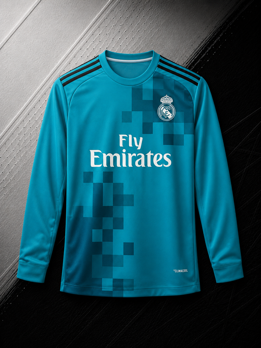 REAL MADRID RETRO TEAL LONG SLEEVE GOALKEEPER JERSEY WITH LOGO | PREMIUM RETRO FOOTBALL JERSEY