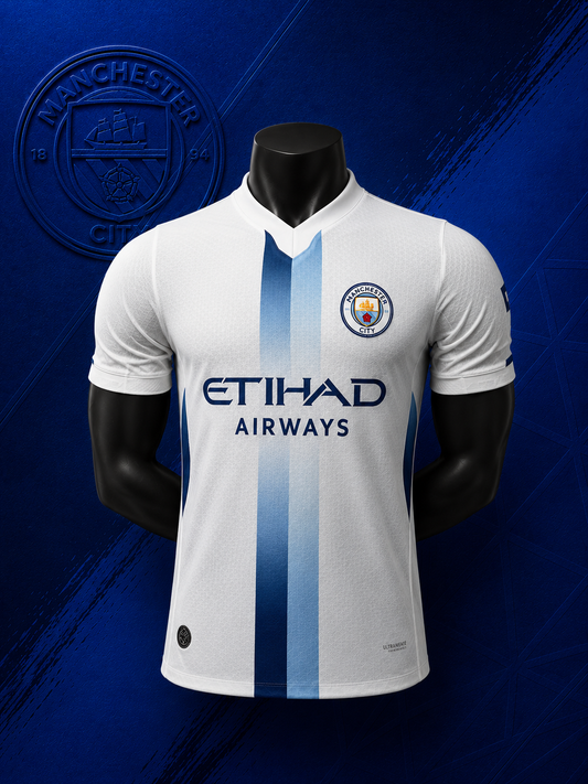 MANCHESTER CITY AWAY 26/27 WHITE WITH BLUE STRIPE PLAYER VERSION JERSEY WITH LOGO | PREMIUM FOOTBALL JERSEY