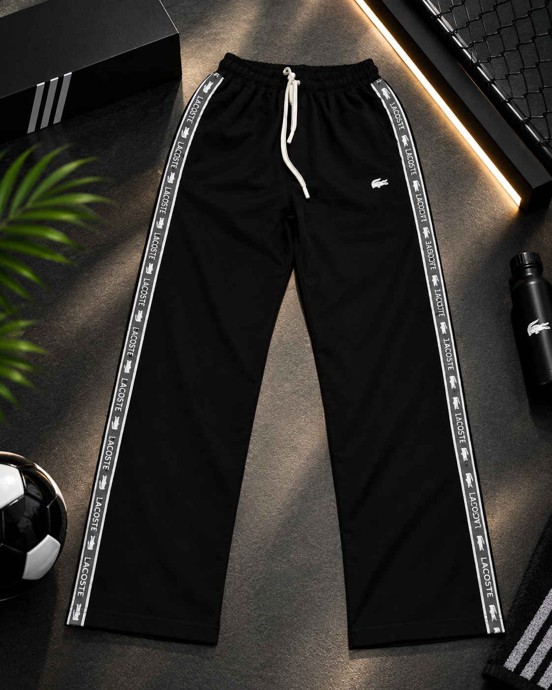 BLACK TRACK PANTS WITH GREY PRINTED SIDE TAPE