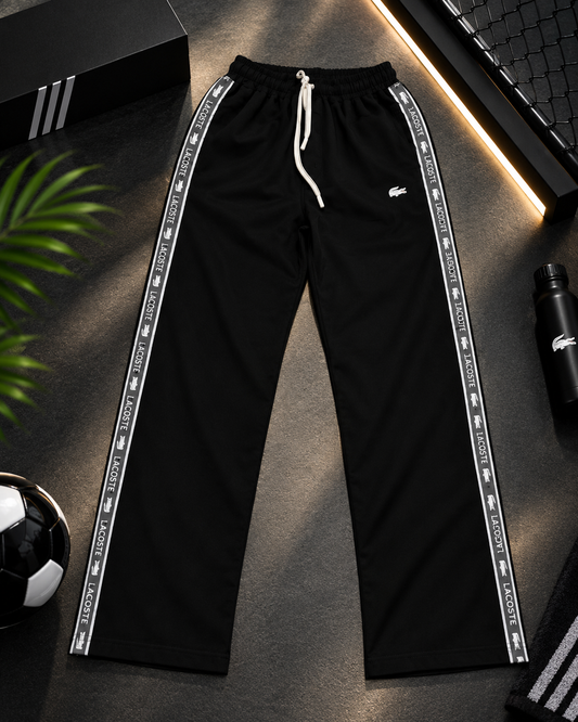 BLACK TRACK PANTS WITH GREY PRINTED SIDE TAPE
