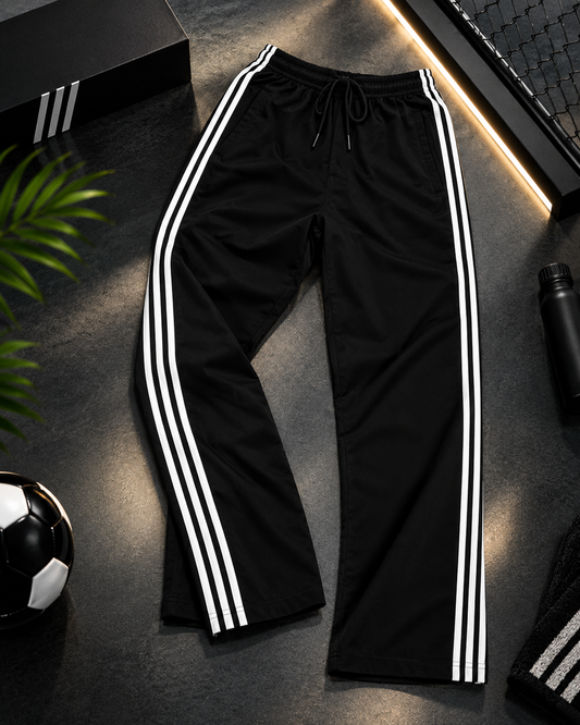 BLACK TRACK PANTS WITH WHITE SIDE STRIPES