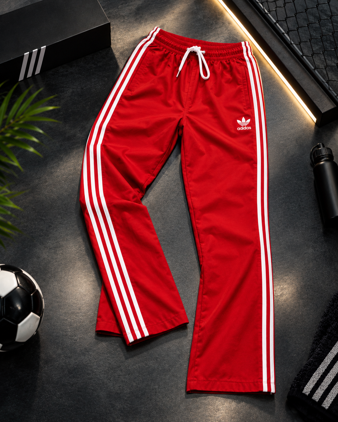 RED TRACK PANTS WITH WHITE SIDE STRIPES