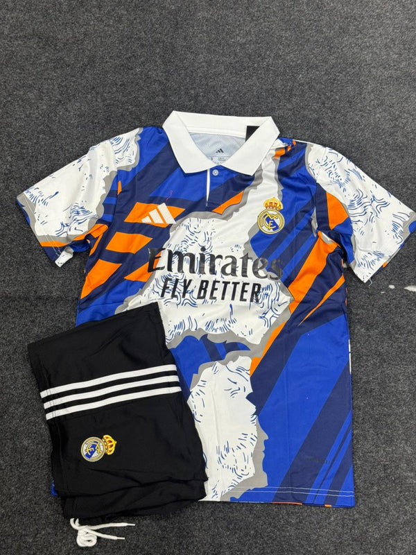 REAL MADRID BLUE & ORANGE SPECIAL EDITION FOOTBALL KIT SET (WITH SHORTS) – 2024/25