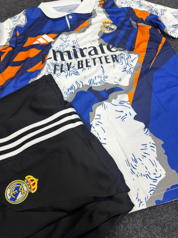 REAL MADRID BLUE & ORANGE SPECIAL EDITION FOOTBALL KIT SET (WITH SHORTS) – 2024/25