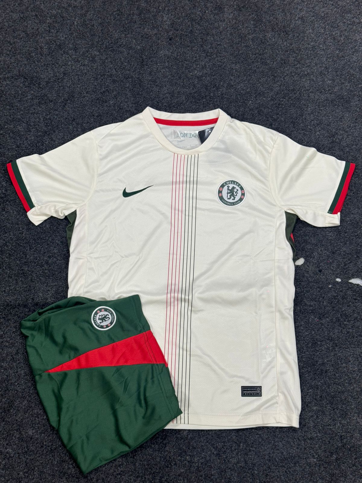 Chelsea FC Inspired Away Football Kit Set – Jersey & Shorts (Cream/Green/Red Edition)