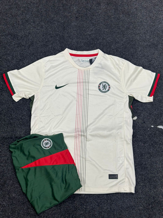 Chelsea FC Inspired Away Football Kit Set – Jersey & Shorts (Cream/Green/Red Edition)