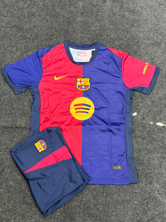 FC BARCELONA 2024/25 HOME FOOTBALL KIT INSPIRED SET – JERSEY & SHORTS (RED & BLUE EDITION)