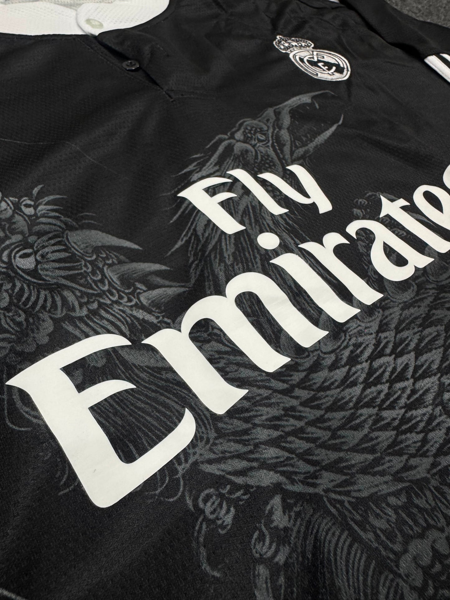 REAL MADRID RETRO BLACK DRAGON EDITION LONG SLEEVE JERSEY WITH LOGO | PREMIUM RETRO FOOTBALL JERSEY